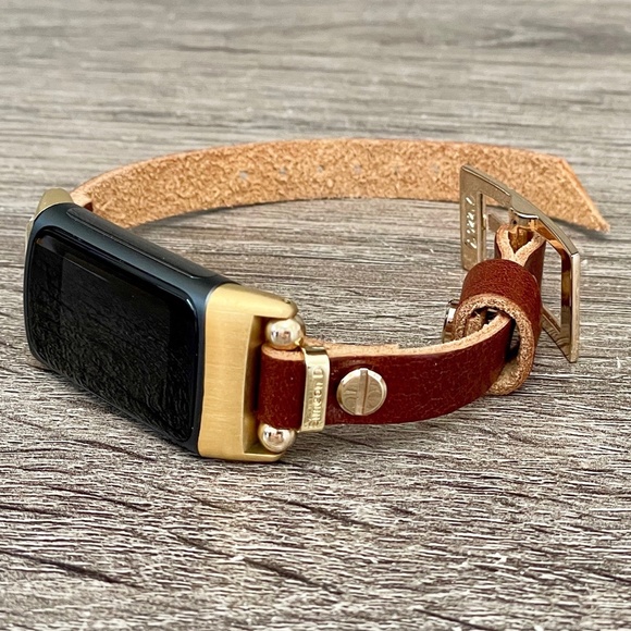 Brown Grain Leather Slim Strap Gold Fitbit Charge 5 Band Women Jewelry Bracelet - Picture 7 of 8